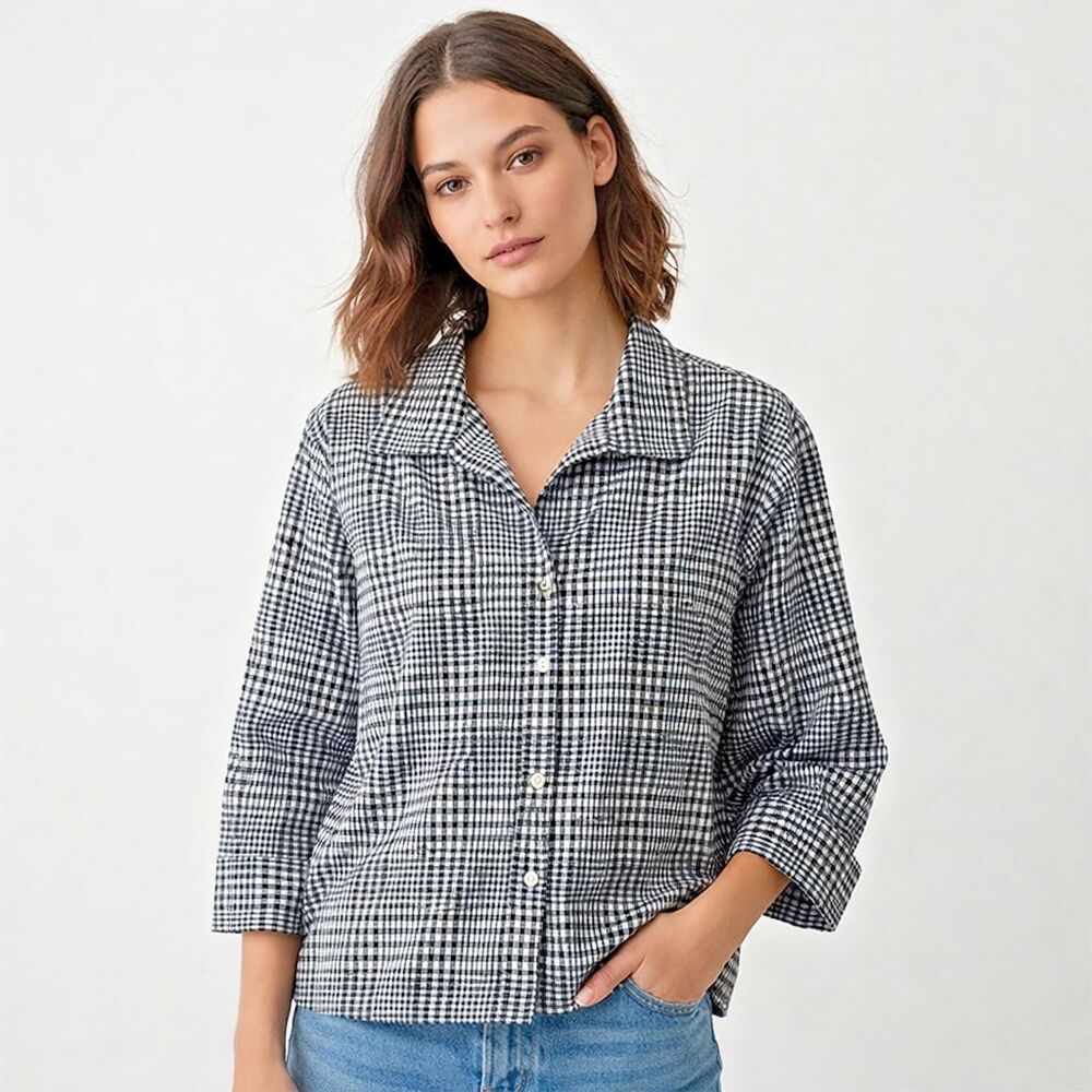 Jones NY Gingham Check Button Up Shirt Womens Sz L Cotton Comfy 3/4 Cuff Sleeve